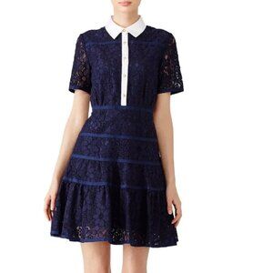 Draper James Meadow Navy Lace Dress White Trim Preppy Tiered Size 8 Women's